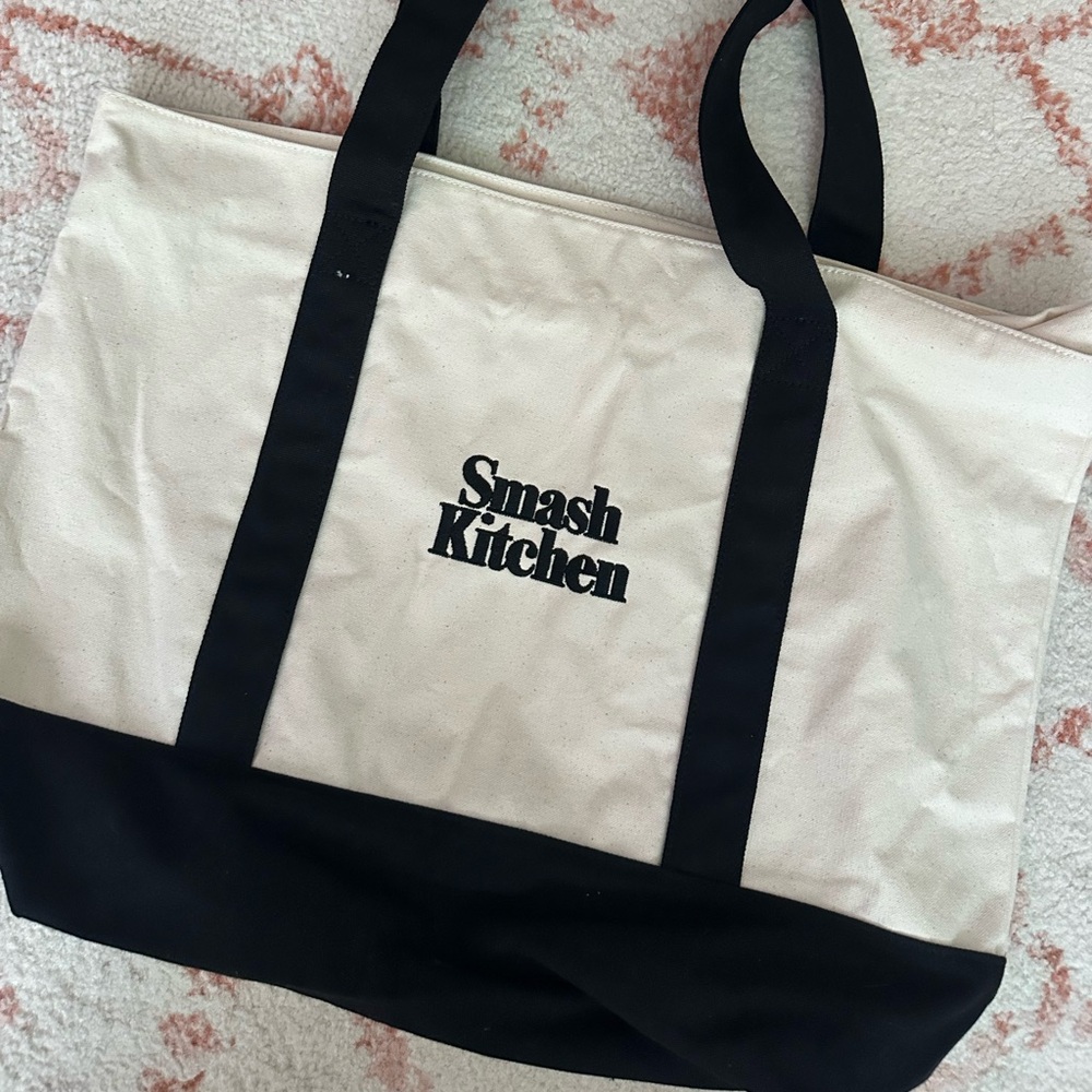 Cream Tote Bag with Zip Top and Black Straps